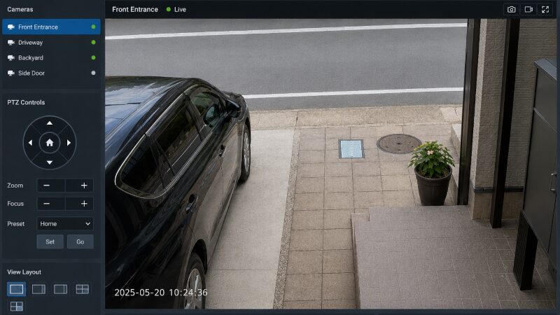 玄関前と家の前の通りを映す防犯カメラ映像